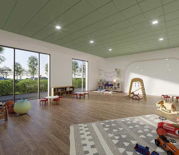 A room with a green ceiling and wooden floors, furnished with a sofa, chairs, and a play area for children.at Croft at Rosecott, Rosemount, MN