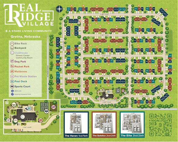 A map of Teal Ridge Village in Gretna, Nebraska, showing the layout of the community and its amenities.