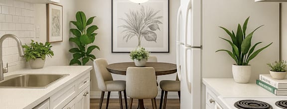 A modern dining room with a wooden table and chairs.