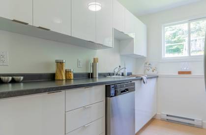 A modern kitchen with white cabinets and a stainless steel dishwasher.