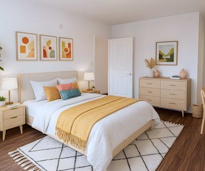 A bedroom with a bed, nightstand, and a rug.