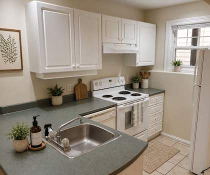 A kitchen with white cabinets and a stove top oven.