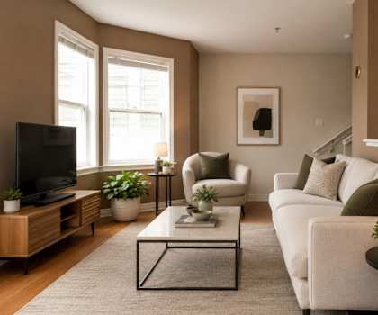 A living room with a white couch, a coffee table, and a television.