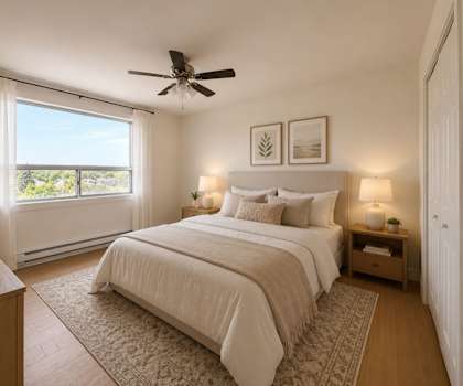 A bedroom with a large bed and a ceiling fan.