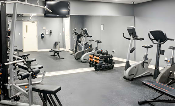 A gym with a variety of equipment including treadmills, weights, and a television.