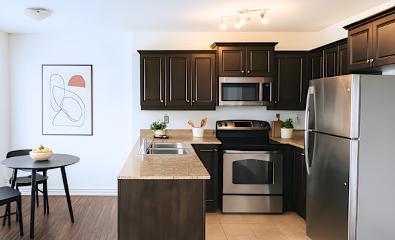 A modern kitchen with dark brown cabinets and stainless steel appliances.