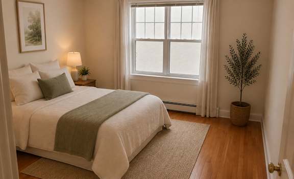 A bedroom with a large bed and a window with white curtains.