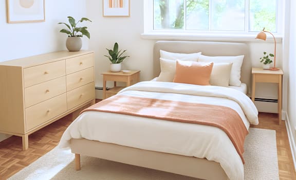 A bedroom with a large bed and a dresser.