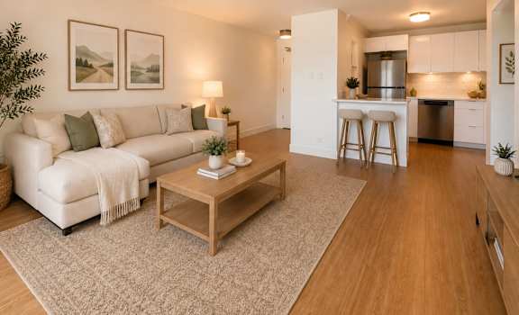 A living room with a white couch and a coffee table.