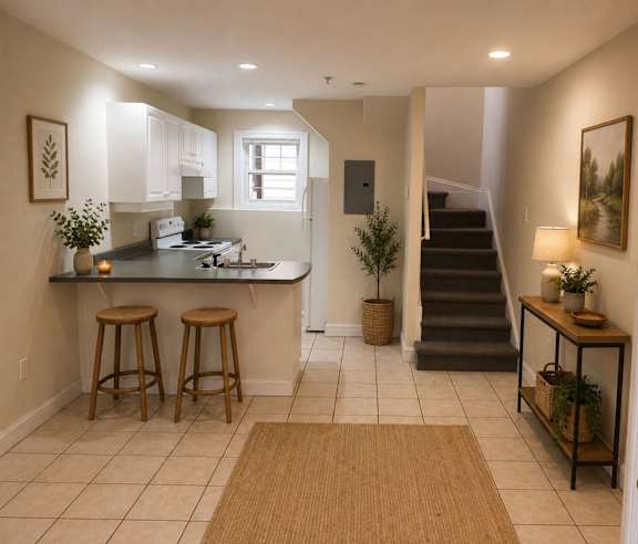 A modern kitchen with a stainless steel refrigerator and wooden flooring.