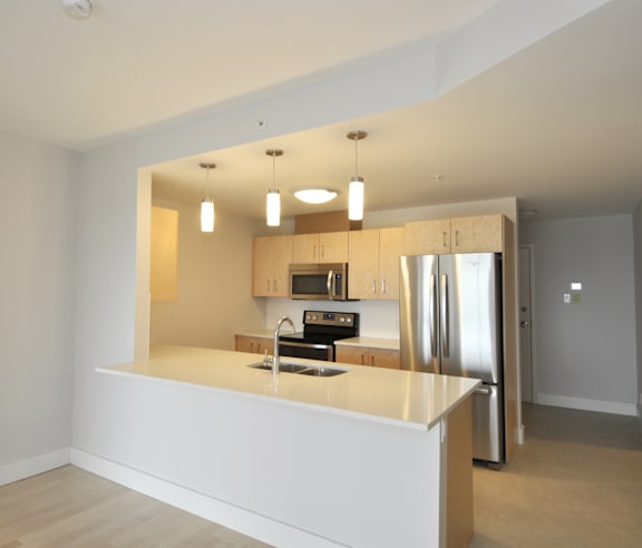 A modern kitchen with a stainless steel refrigerator and wooden flooring.