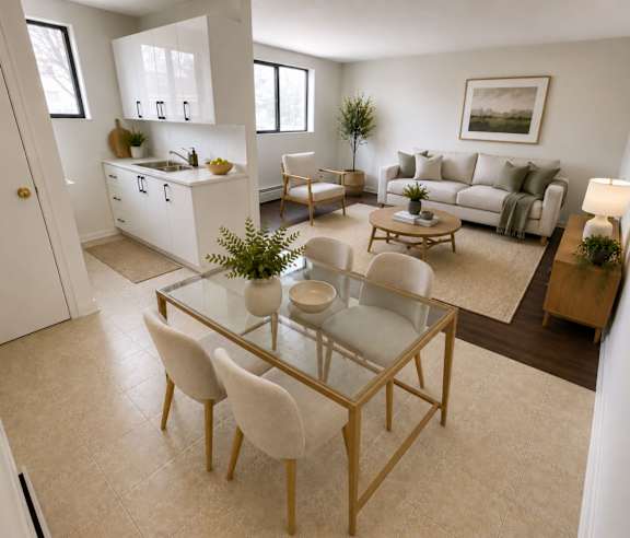 A modern kitchen with a stainless steel refrigerator and wooden flooring.