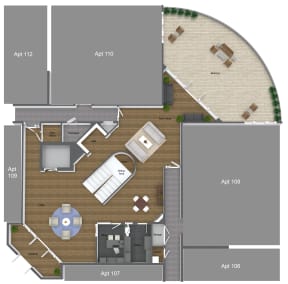 First floor common area render and leasing office with balcony 