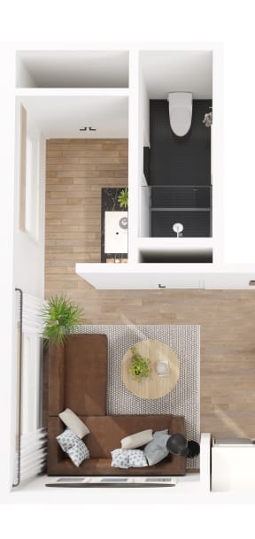 a floor plan of a studio apartment with a bedroom and a living room