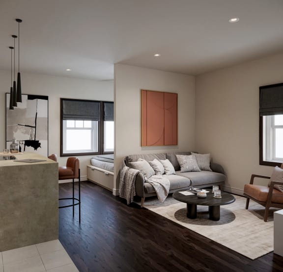 a living room with a couch and a table
