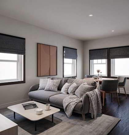 a living room with a couch and a coffee table