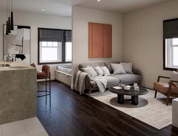 a living room with a couch and a table