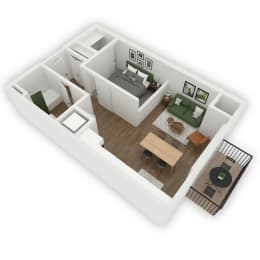 Upon entering the apartment, a bathroom is situated on the right side, and closet storage is on the left. Moving down the hallway reveals a bedroom to the left. Continuing further down the hall opens up into a combined kitchen and living room area, seamlessly connected, with the added feature of a patio or balcony.