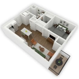 A seamless flow from the entrance to the open kitchen and living room area, leading to a charming patio or balcony. On the left side of the apartment, a storage closet is conveniently placed, and a well-designed bathroom connects to the bedroom through a spacious walk-in closet, enhancing accessibility and privacy within the living space.