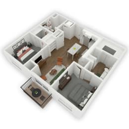 A spacious two-bedroom, two-bathroom floor plan with a welcoming entrance directly into an open kitchen and living room area. The central living space seamlessly connects to a patio or balcony. On each side of the central kitchen/living area, there are well-appointed bedrooms, each accompanied by a walk-in closet and a private bathroom for added convenience and comfort.