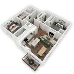 Upon entering the apartment, a hallway leads to the master bedroom featuring a walk-in closet and en suite bathroom with double sinks. Turning left from the hall opens up into an open kitchen/living room area, with access to a patio or balcony. Adjacent to the living room is the second bedroom, with a nearby bathroom.