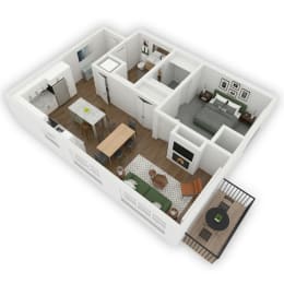 A seamless flow from the entrance to the open kitchen and living room area, leading to a charming patio or balcony. On the left side of the apartment, a storage closet is conveniently placed, and a well-designed bathroom connects to the bedroom through a spacious walk-in closet, enhancing accessibility and privacy within the living space.
