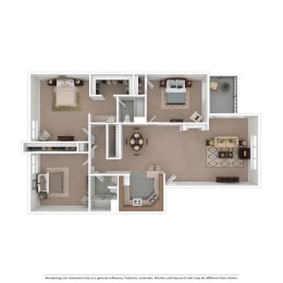 Three-Bedroom E1 Floor Plan at Village Pointe Apartments, Northridge, CA