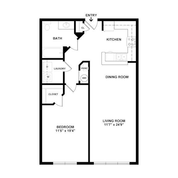 A floor plan of a small apartment with a bedroom, living room, kitchen, and bathroom.