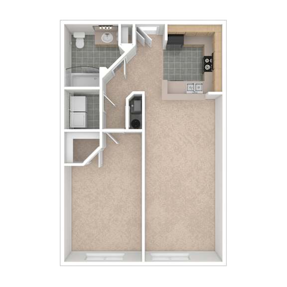 A floor plan of a small apartment with a kitchen, bathroom, and living room.