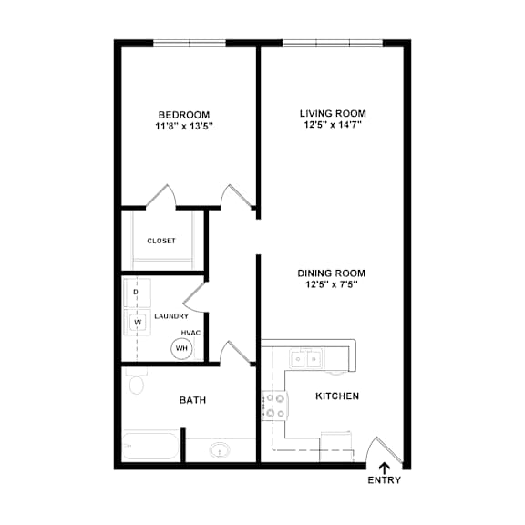 A floor plan of a small apartment with a bedroom, living room, dining room, kitchen, bathroom, and laundry space.