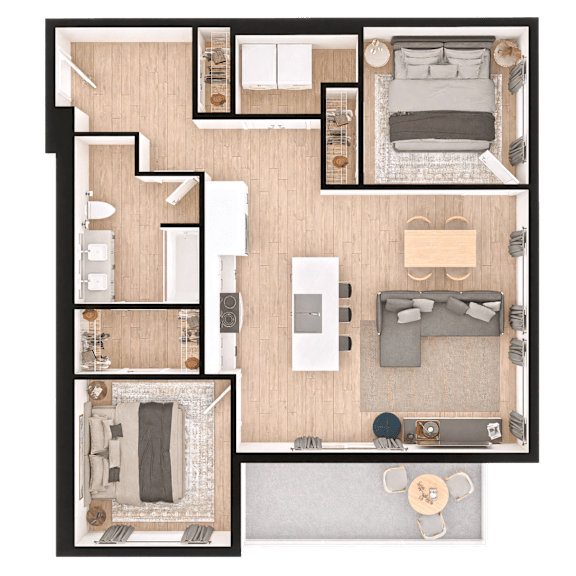 A top-down view of a living room, kitchen, and bathroom.