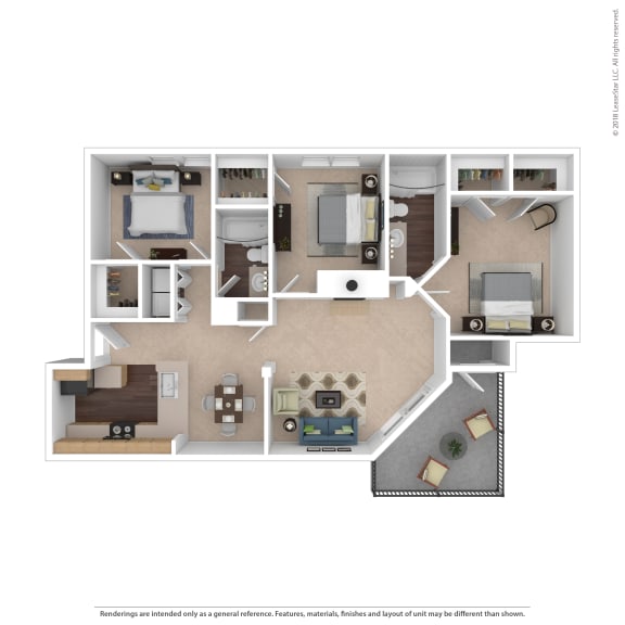 A floor plan of a house with a kitchen, living room, dining room, and bathrooms. at Beacon Ridge Apartments, Greenville, SC, 29615
