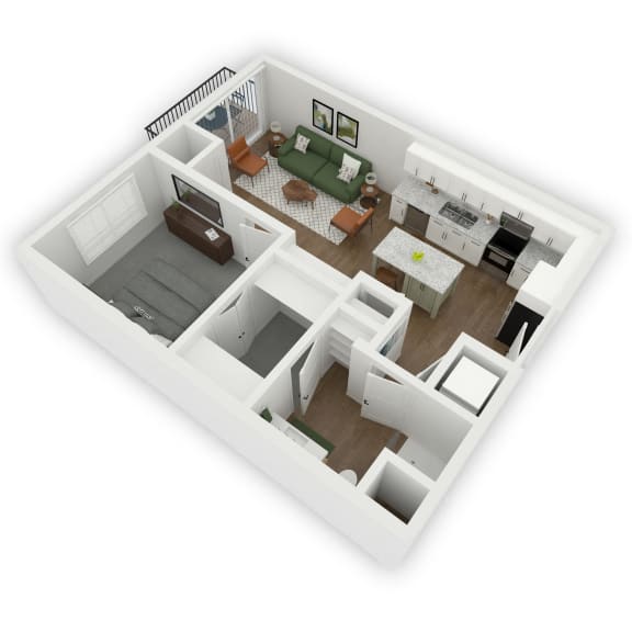 A seamless flow from the entrance to the open kitchen and living room area, leading to a charming patio or balcony. On the left side of the apartment, a storage closet is conveniently placed, and a well-designed bathroom connects to the bedroom through a spacious walk-in closet, enhancing accessibility and privacy within the living space.