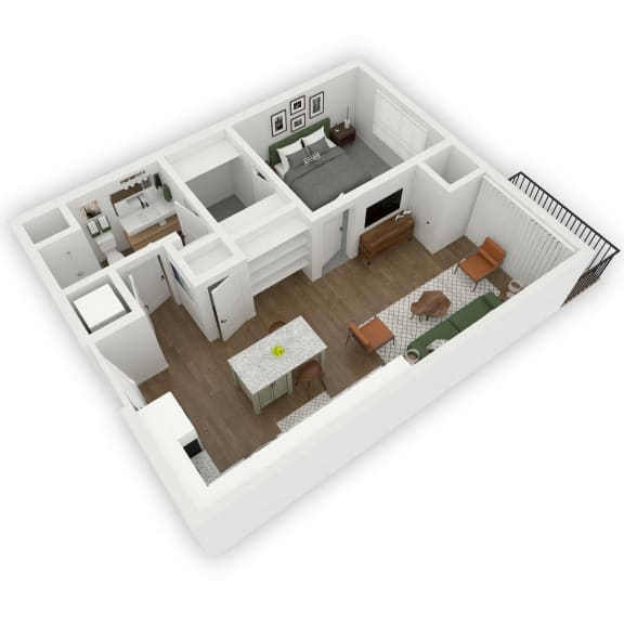 A seamless flow from the entrance to the open kitchen and living room area, leading to a charming patio or balcony. On the left side of the apartment, a storage closet is conveniently placed, and a well-designed bathroom connects to the bedroom through a spacious walk-in closet, enhancing accessibility and privacy within the living space.