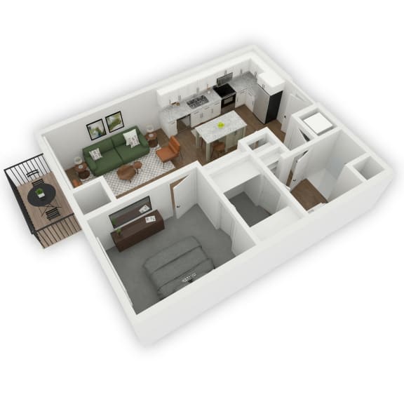 A seamless flow from the entrance to the open kitchen and living room area, leading to a charming patio or balcony. On the left side of the apartment, a storage closet is conveniently placed, and a well-designed bathroom connects to the bedroom through a spacious walk-in closet, enhancing accessibility and privacy within the living space.