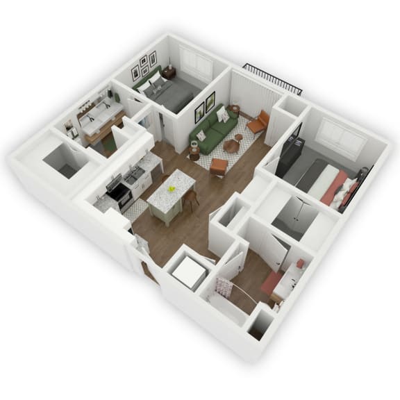 A spacious two-bedroom, two-bathroom floor plan with a welcoming entrance directly into an open kitchen and living room area. The central living space seamlessly connects to a patio or balcony. On each side of the central kitchen/living area, there are well-appointed bedrooms, each accompanied by a walk-in closet and a private bathroom for added convenience and comfort.