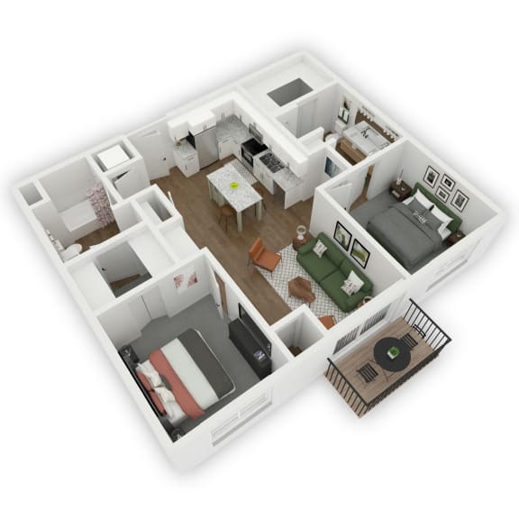 A spacious two-bedroom, two-bathroom floor plan with a welcoming entrance directly into an open kitchen and living room area. The central living space seamlessly connects to a patio or balcony. On each side of the central kitchen/living area, there are well-appointed bedrooms, each accompanied by a walk-in closet and a private bathroom for added convenience and comfort.