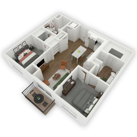 A spacious two-bedroom, two-bathroom floor plan with a welcoming entrance directly into an open kitchen and living room area. The central living space seamlessly connects to a patio or balcony. On each side of the central kitchen/living area, there are well-appointed bedrooms, each accompanied by a walk-in closet and a private bathroom for added convenience and comfort.