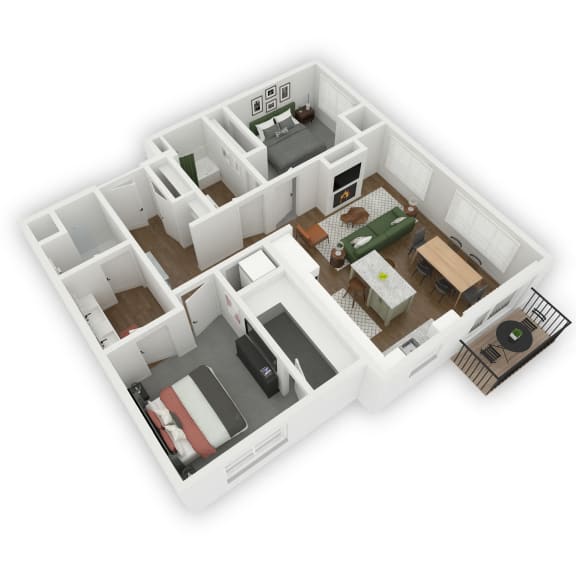 Upon entering the apartment, a hallway leads to the master bedroom featuring a walk-in closet and en suite bathroom with double sinks. Turning left from the hall opens up into an open kitchen/living room area, with access to a patio or balcony. Adjacent to the living room is the second bedroom, with a nearby bathroom.