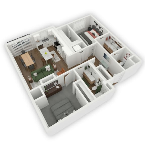 Upon entering the apartment, a hallway leads to the master bedroom featuring a walk-in closet and en suite bathroom with double sinks. Turning left from the hall opens up into an open kitchen/living room area, with access to a patio or balcony. Adjacent to the living room is the second bedroom, with a nearby bathroom.