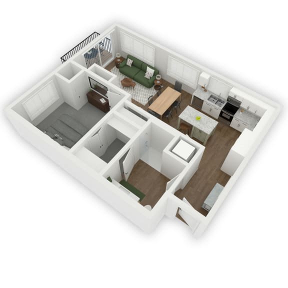 A seamless flow from the entrance to the open kitchen and living room area, leading to a charming patio or balcony. On the left side of the apartment, a storage closet is conveniently placed, and a well-designed bathroom connects to the bedroom through a spacious walk-in closet, enhancing accessibility and privacy within the living space.