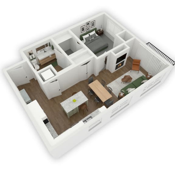 A seamless flow from the entrance to the open kitchen and living room area, leading to a charming patio or balcony. On the left side of the apartment, a storage closet is conveniently placed, and a well-designed bathroom connects to the bedroom through a spacious walk-in closet, enhancing accessibility and privacy within the living space.