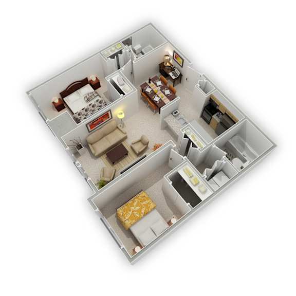 Mill City - Washington Two Bedroom Apartment - Floor Plan (3D)