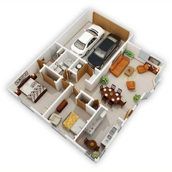 Shoreview II Two-Bedroom Floor Plan (3D)