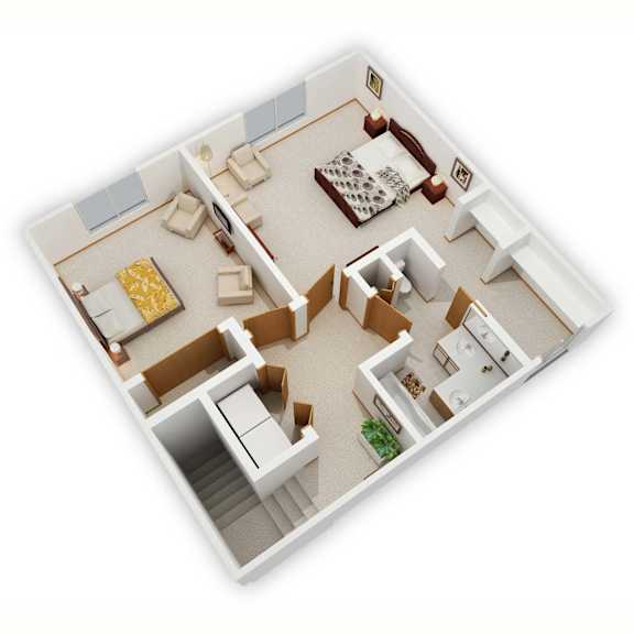 Trailway Two-Bedroom Floor Plan (Upper Level - 3D)