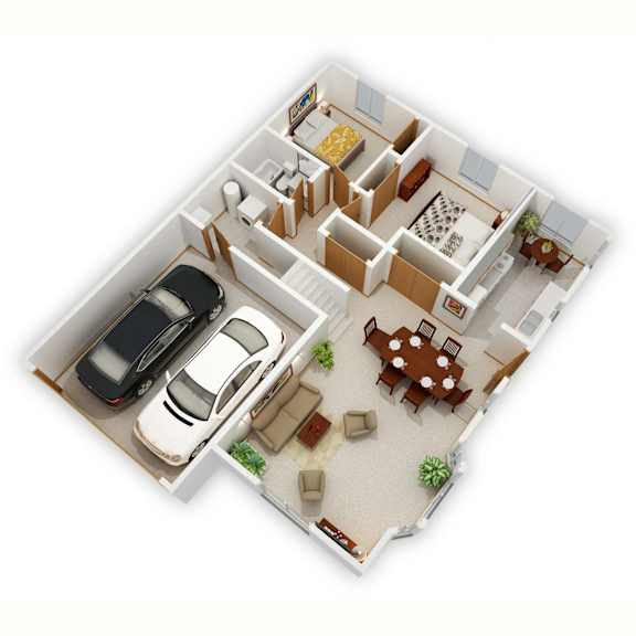 Woodlane I Three-Bedroom Floor Plan (Main Level - 3D)