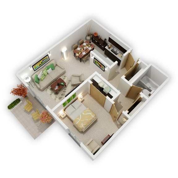 Mountain View Apartments - One Bedroom Floor Plan (3D)