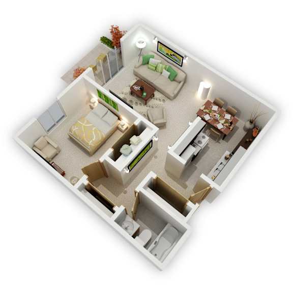 Mountain View Apartments - One Bedroom Floor Plan (3D)