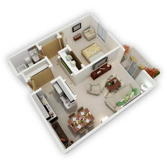 Mountain View Apartments - One Bedroom Floor Plan (3D)