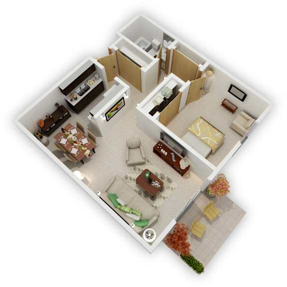 Mountain View Apartments - One Bedroom Floor Plan (3D)